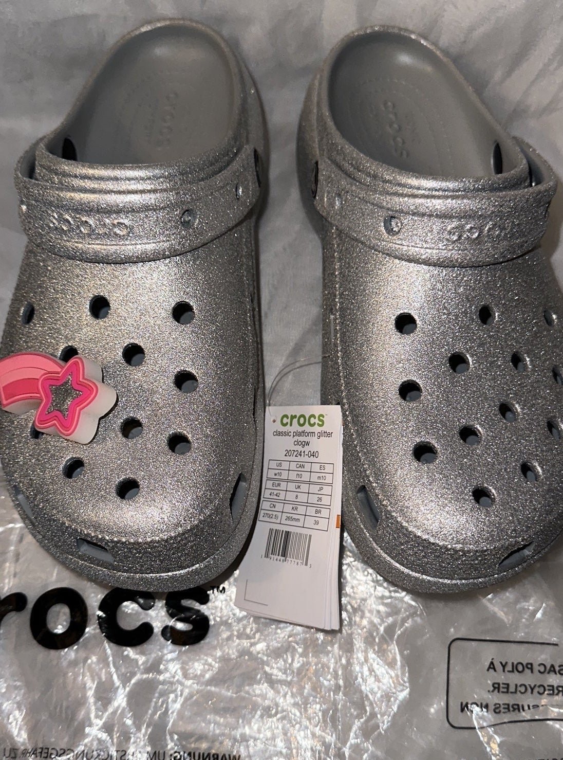 CROCS PLATFORM CLOGS GLITTER SILVER + PINK/SILV STAR GLOW CHARM WOMEN’S SZ 10
