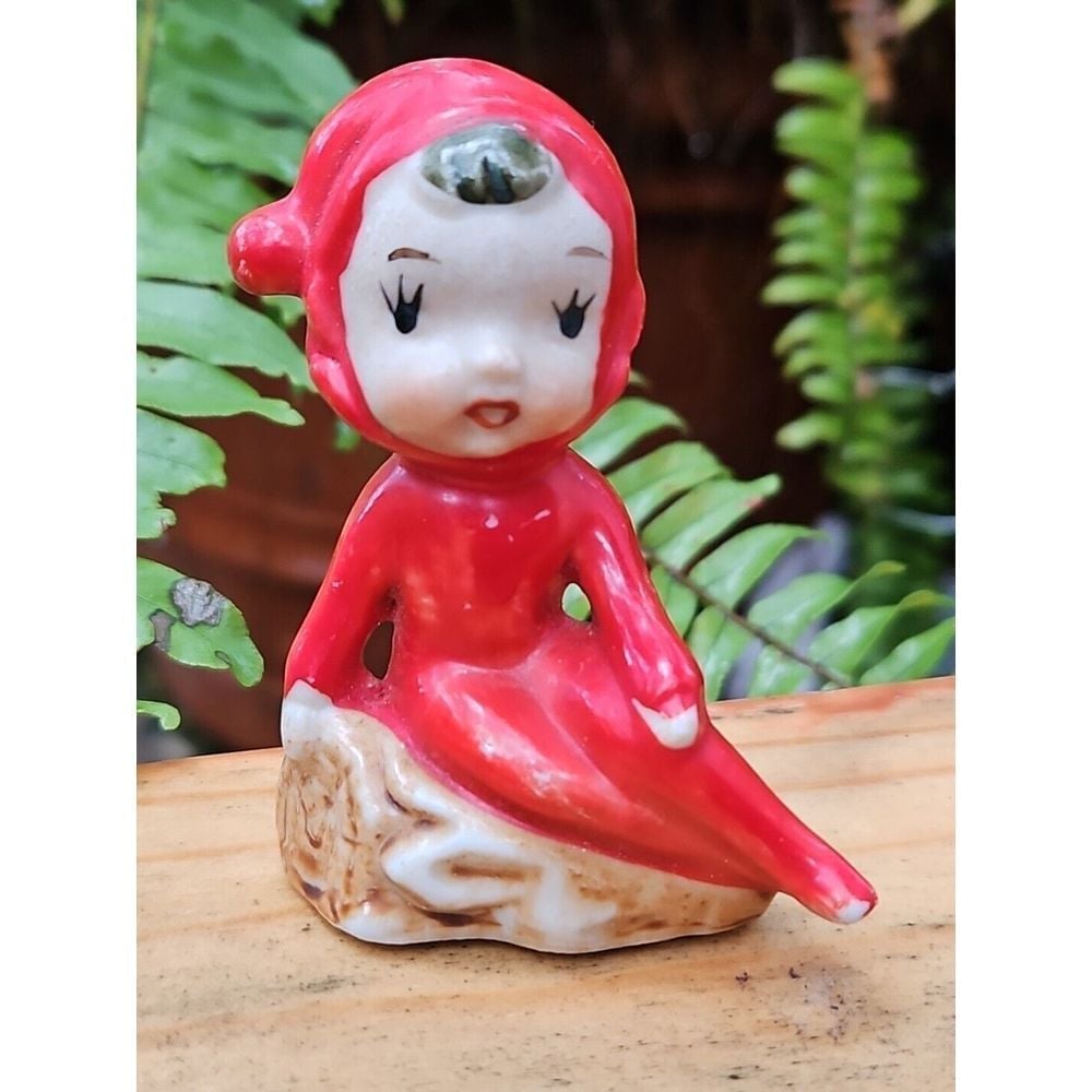 Vintage RED PIXIE ELF On Log Figurine Mid Century Japan Porcelain 2.5 Christmas