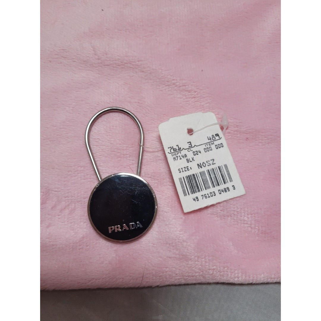 PRADA Keyring Keychain Bag Charm Round logo plate black M714 Italy