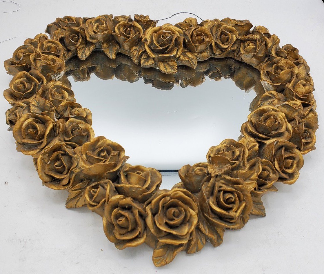 HEART MIRROR Brass Gold Tone ROSES BY DECOLINE NY