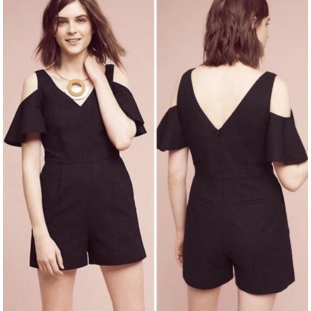 Anthropologie Elevenses Flutter Sleeve Cold Shoulder Romper Black Size 4