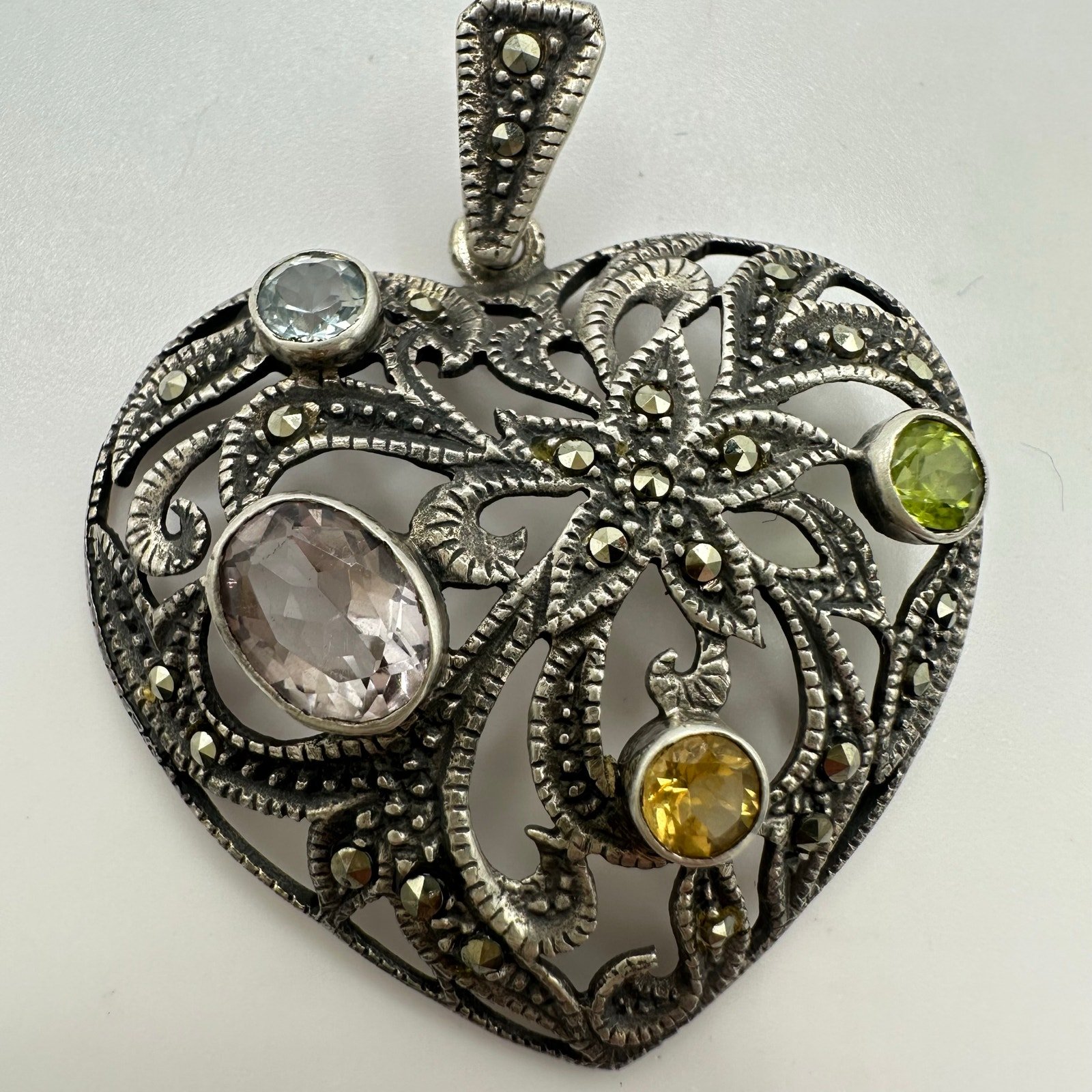 SU vintage 925 sterling silver marcasite genuine gemstones heart pendant