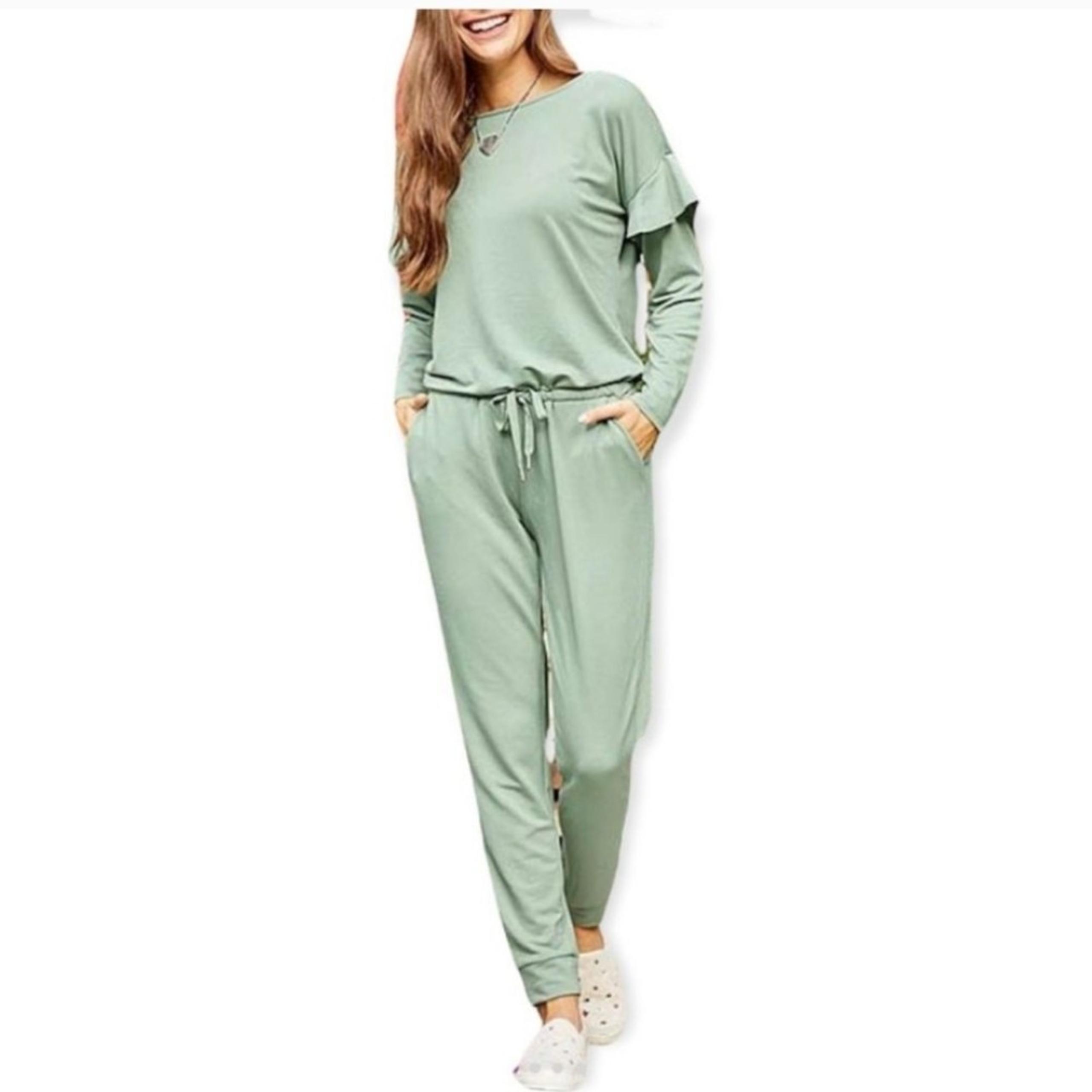 Matilda Jane jumpsuit mint green ruffle sleeve resting day romper jogger sz M