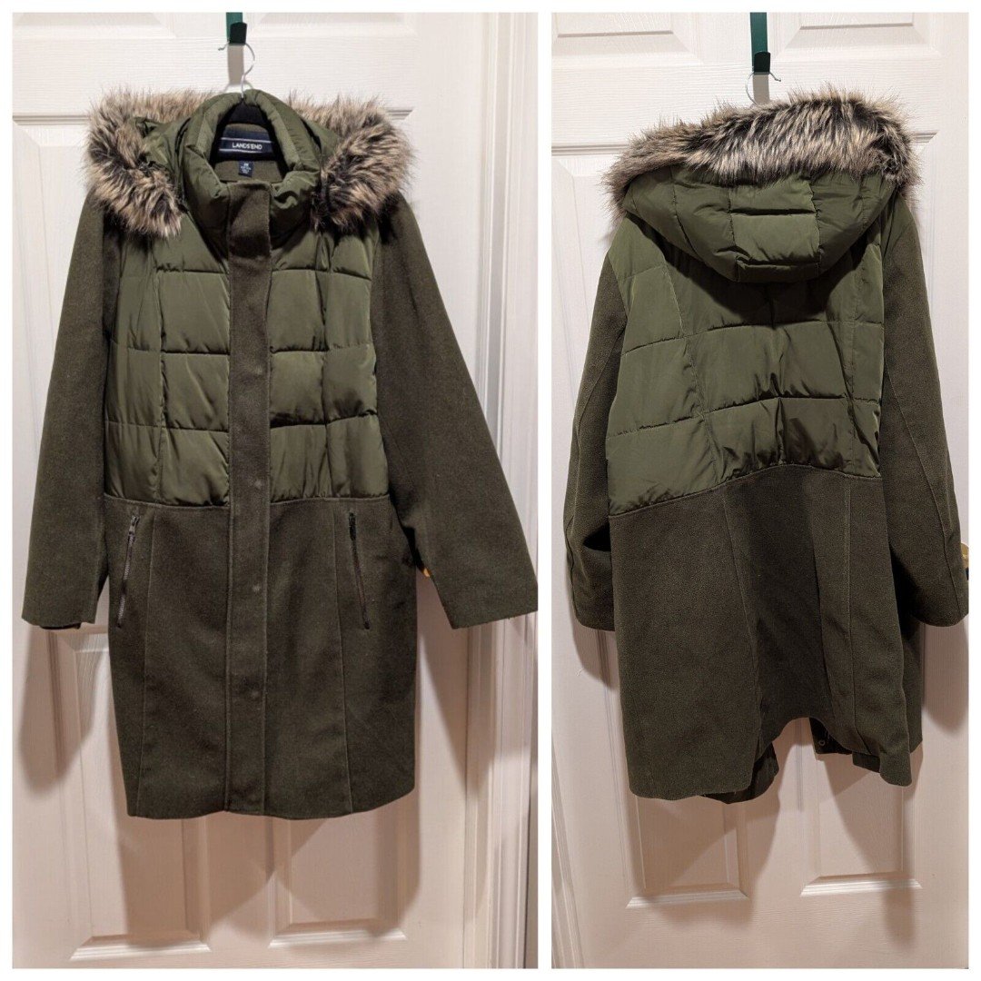 Lands End Women's 2x Olive Green Hybrid Parka Coat - Puffer/ Wool Blend