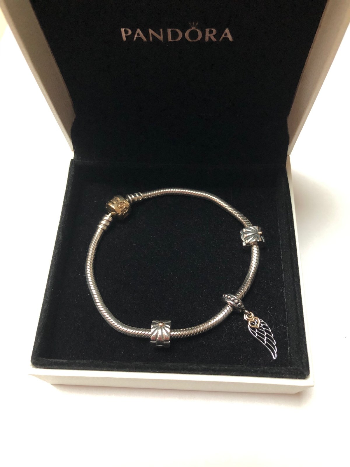 PANDORA SS & 14K Gold 7.5” Bracelet, Clips & Charm w/Box!!