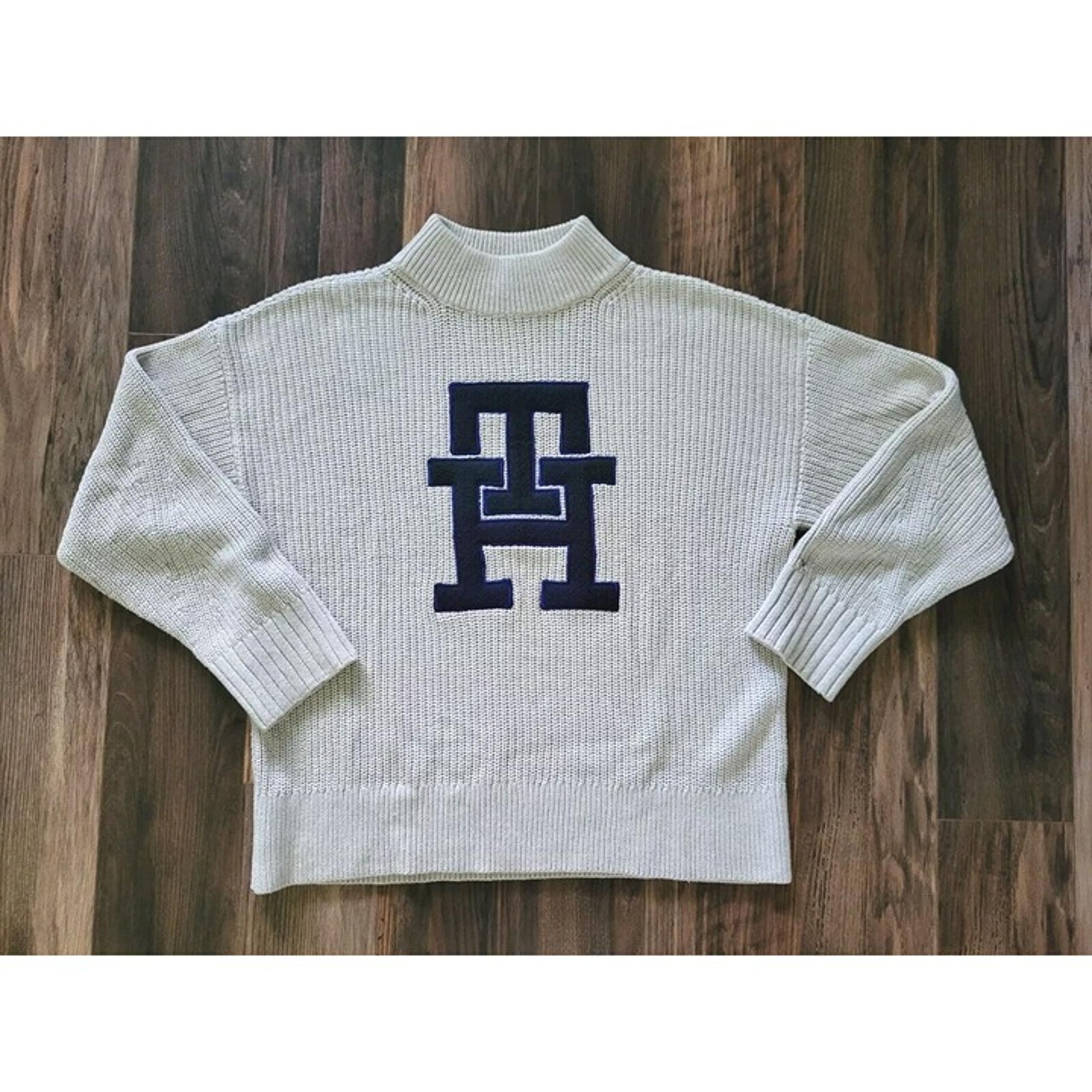 Tommy Hilfiger Beige Navy Initial Logo Mock Neck Sweater Academia Preppy Sz L
