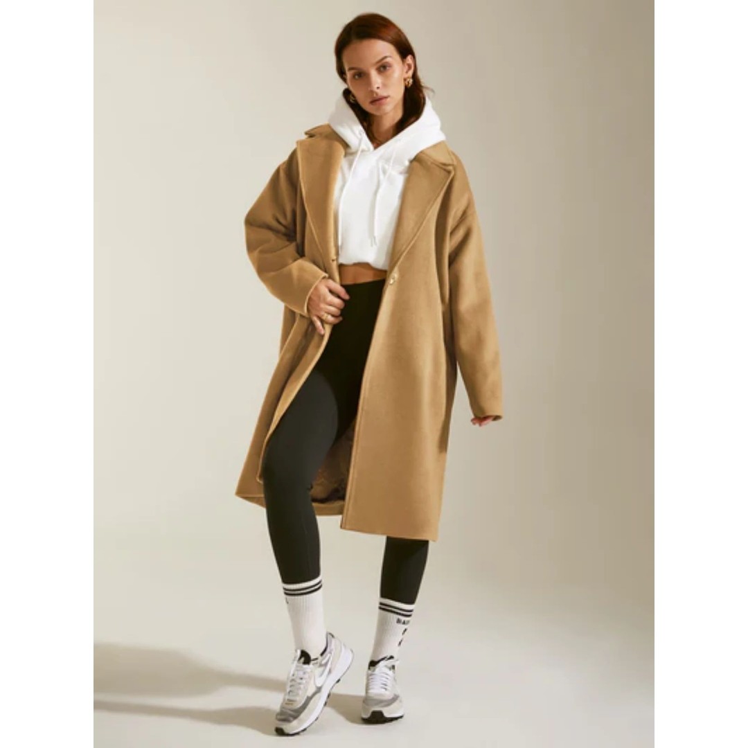 NWT Commense Oversized Lapel Wool Overcoat, Tan, Size M