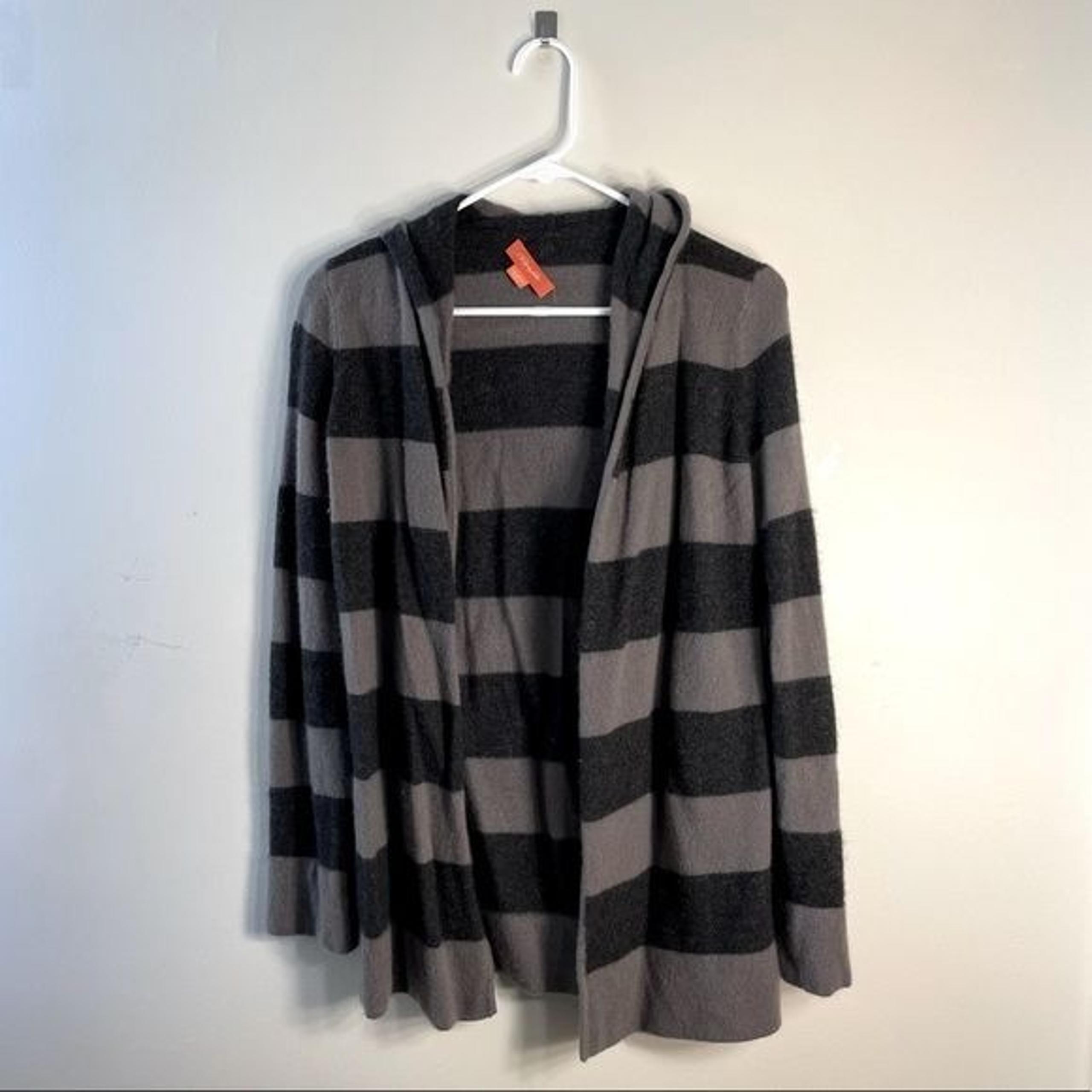 Christopher Fischer cashmere women’s gray and black striped hooded cardigan