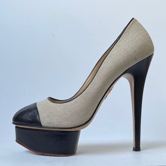 Charlotte Olympia Monacoco Linen Cap-Toe Pump, Natural/Black EU 38.5 US 8.5M