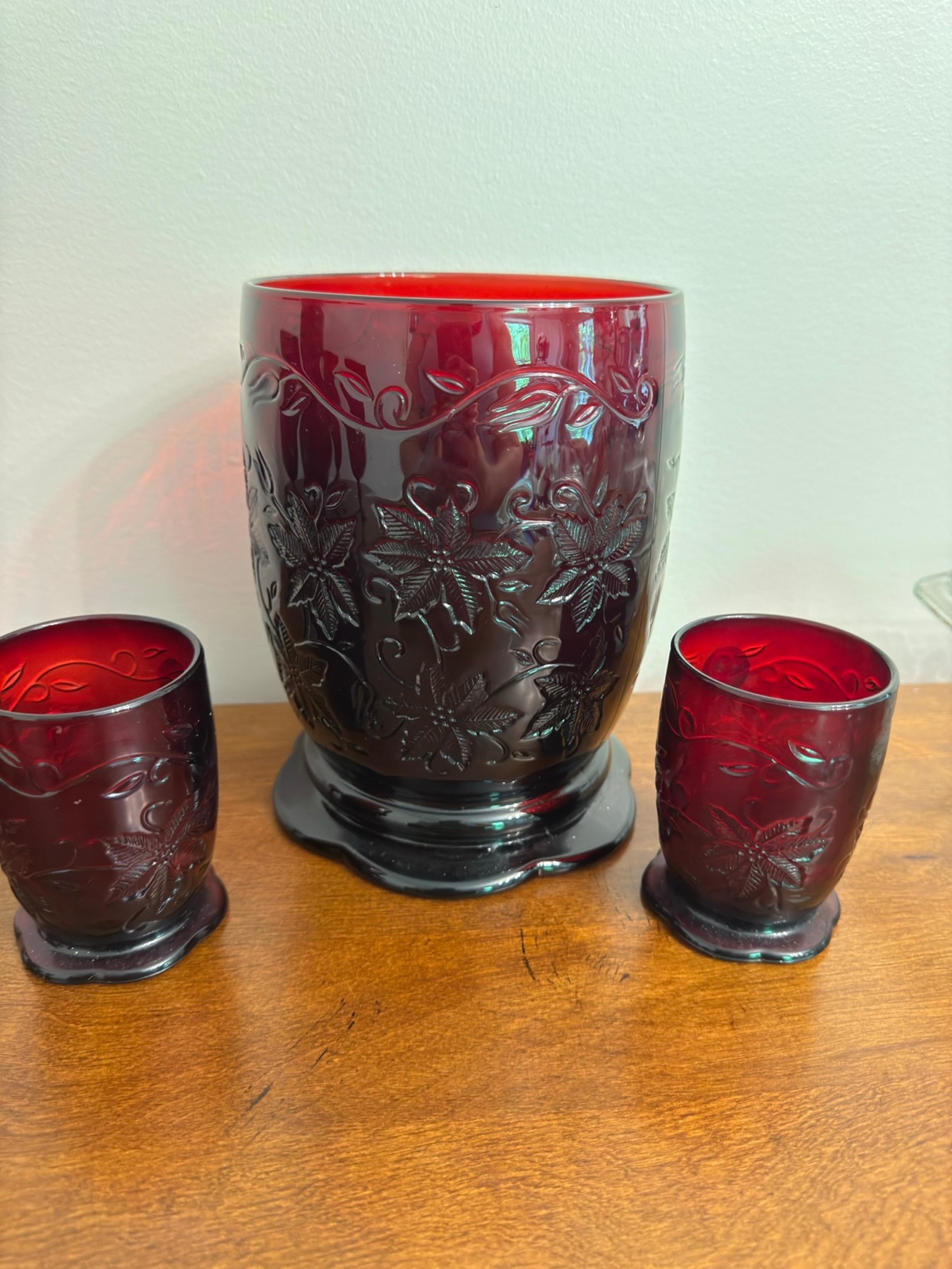 Princess House Fantasia Red Hurricane and 2 Votive Candle Holder Set