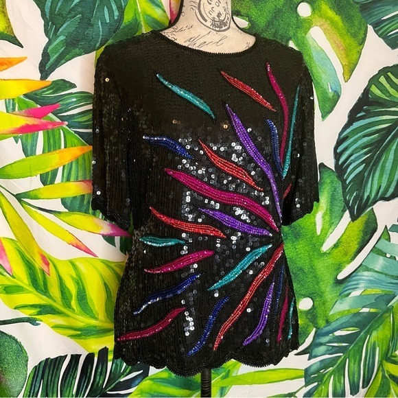 Vintage Stenay 80s Black Blue Purple Beaded Sequin Zip Back Dressy Fall Blouse