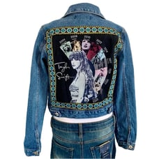 Up Cycled Cute Eras Taylor Swift Jean Concert T-Shirt On Back of Jean Jacket