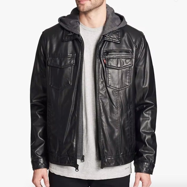 LEVI'S Classic Hooded Leather Trucker Zip Up Jacket With Attached Jersey Hoodie