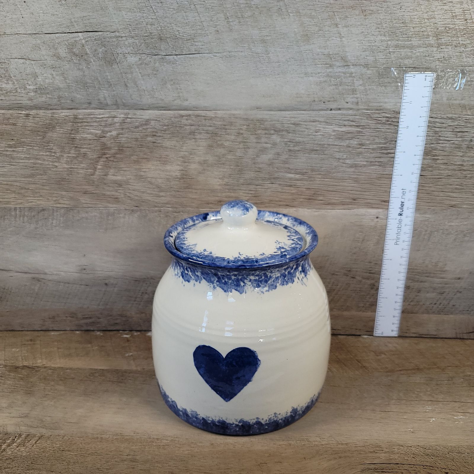 Vintage Ceramic Canister White with blue trim and blue heart.