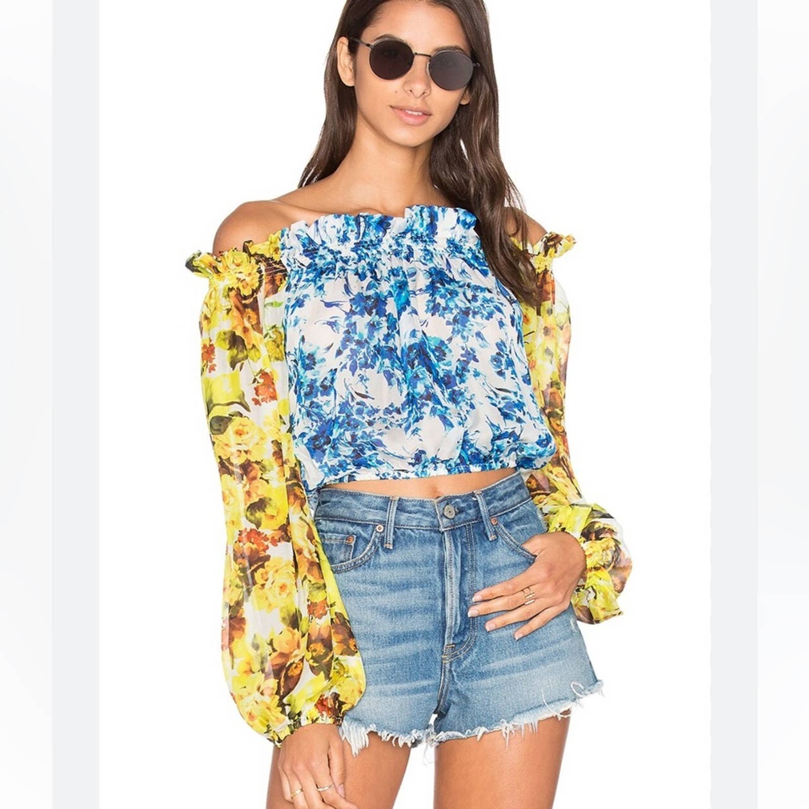 ROCOCO SAND Romantic Florals Top in Pastel blue and yellow sz M