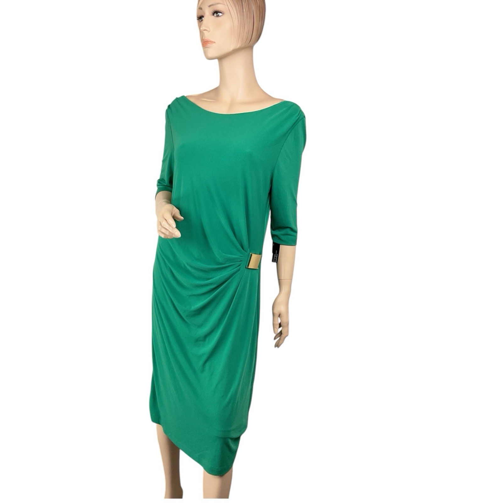 Tahari Arthur S. Levine Dress Womens 10 Sheath Green Slimming Side Ruched
