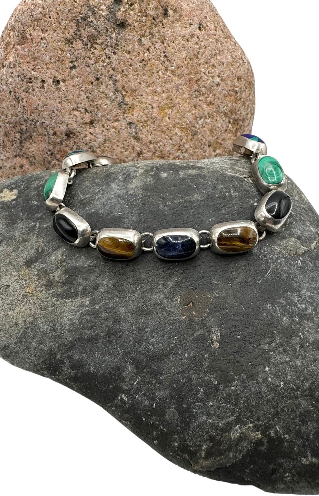 Mexico Heavy 950 Sterling Silver Onyx Malachite Multi Stone Link Bracelet 7 1/8"