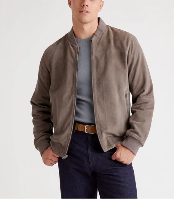 ** READ** Quince mens 100% Suede Bomber Jacket light grey L