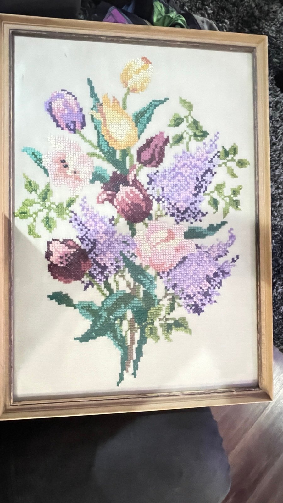 Spring Flower Bouquet Completed Cross Stitch Embroidery Lg Framed Picture