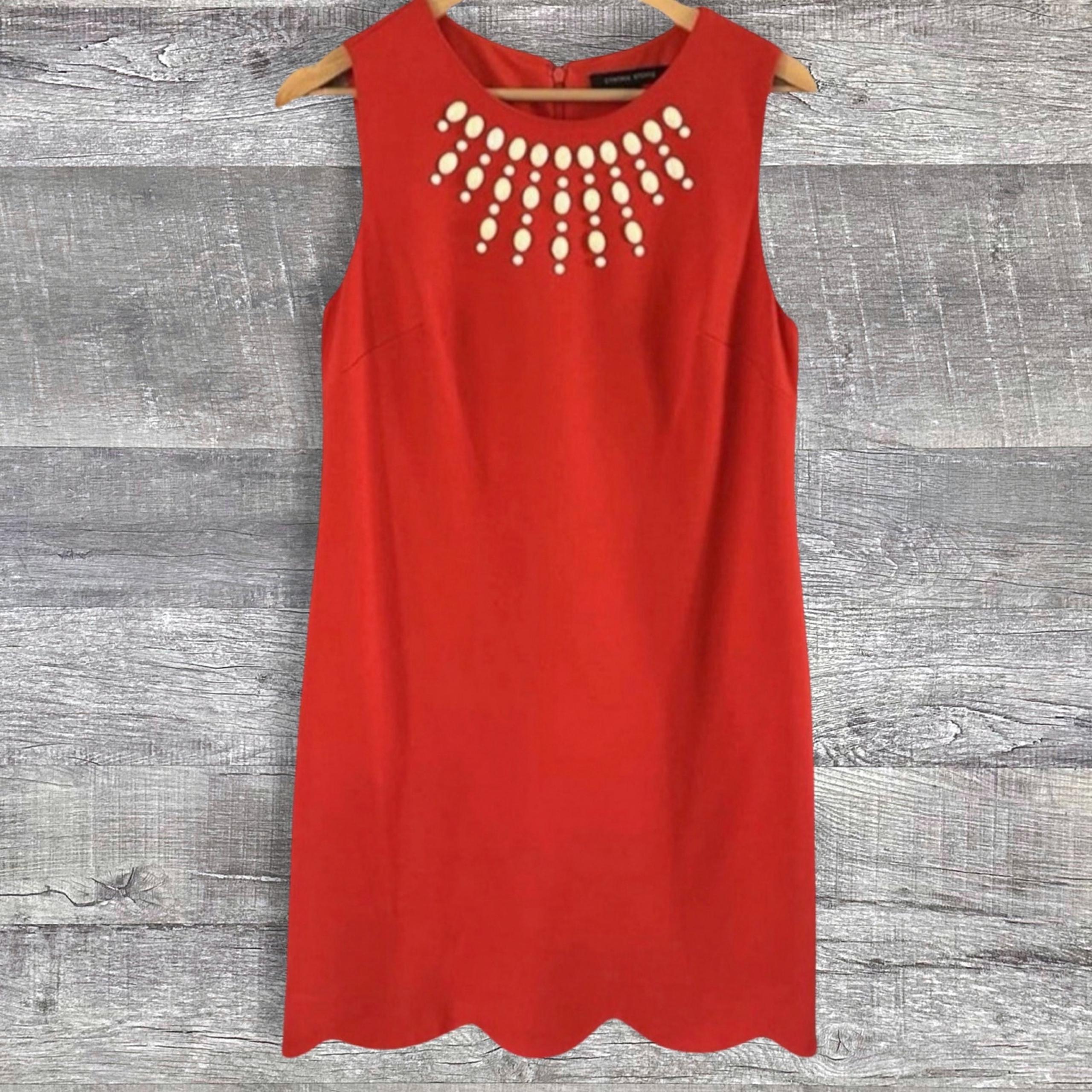Cynthia Steffe Sleeveless Mini Shift Dress 10 Beaded Orange Red Scallop Hem