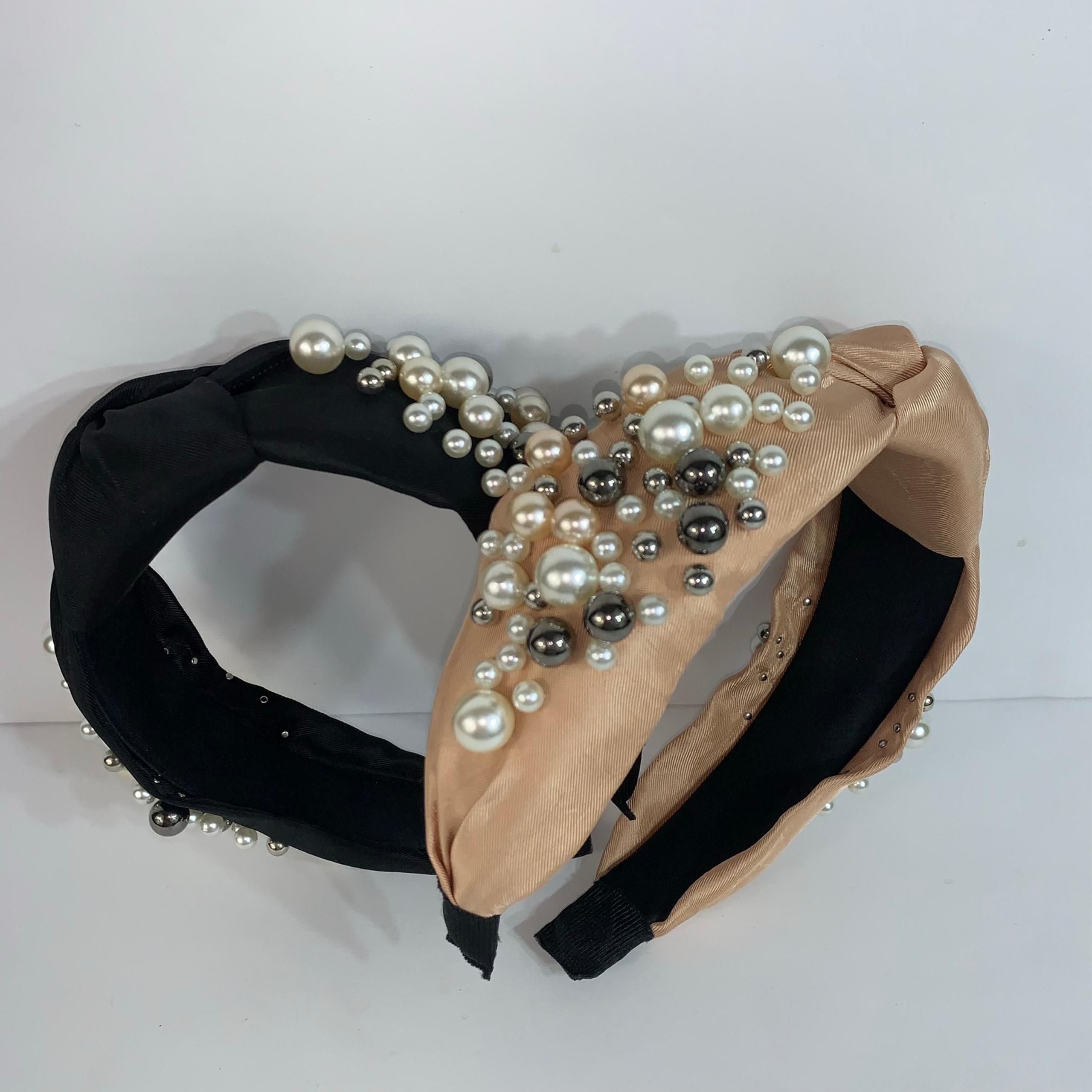 Knotted Headband Pearl Hairbands for Women black/tan