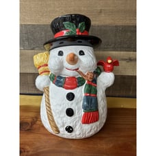Vintage Ceramic Snowman Cookie Jar Cardinal And Broom
