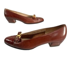 Salvatore Ferragamo Women's Brown Leather Slip On Block Heel Loafers Size 6.5 C