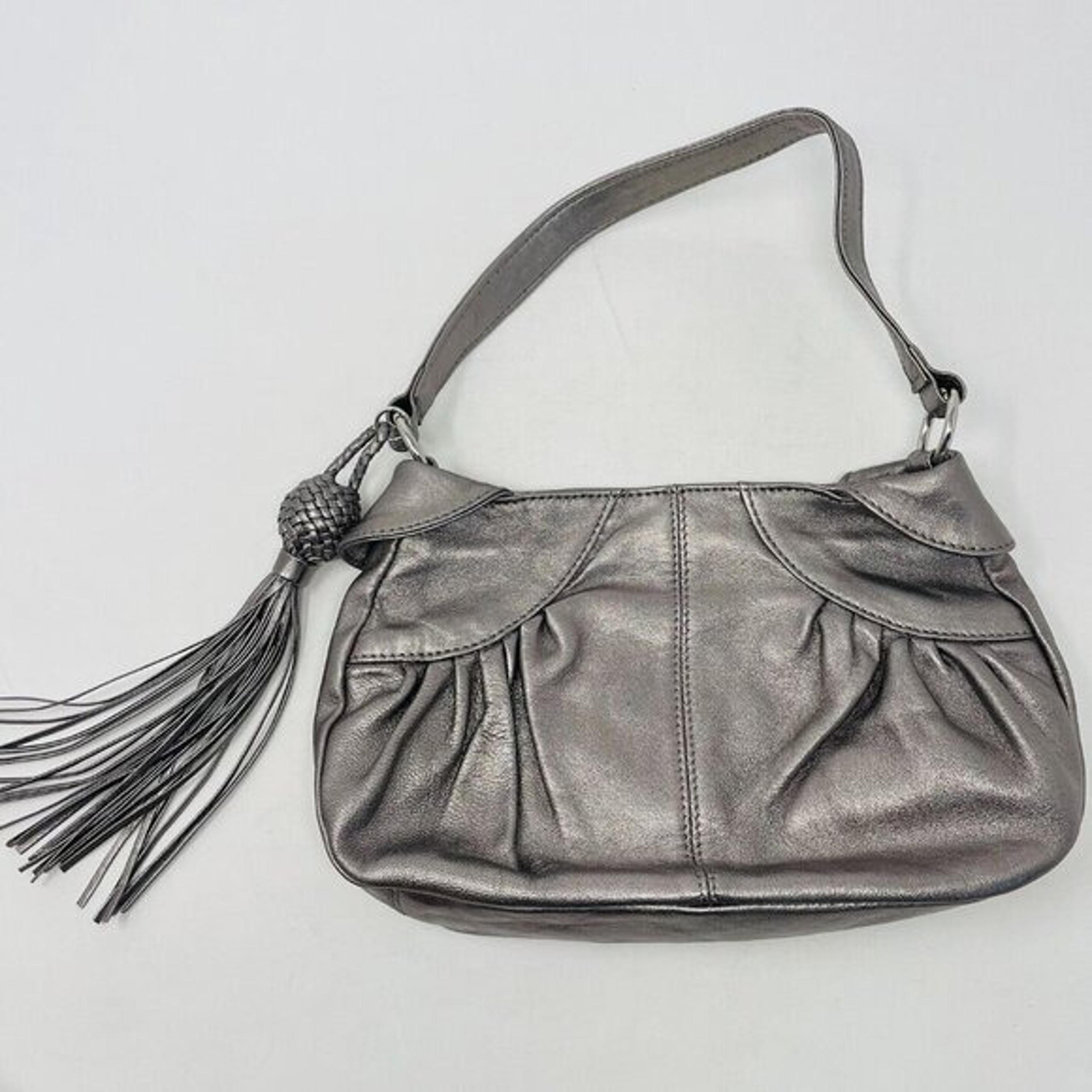 Clarks Leather Shoulder Bag with Tassel Magnetic Snap Closure in Pewter Silver