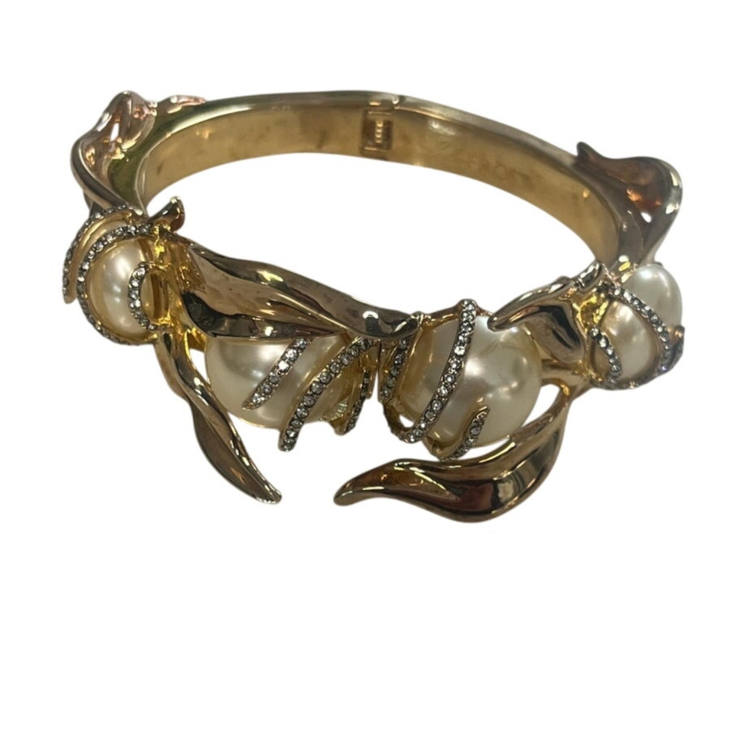 Vintage Goldtone, Pearl & Rhinestone Bangle Bracelet - Lulu Frost