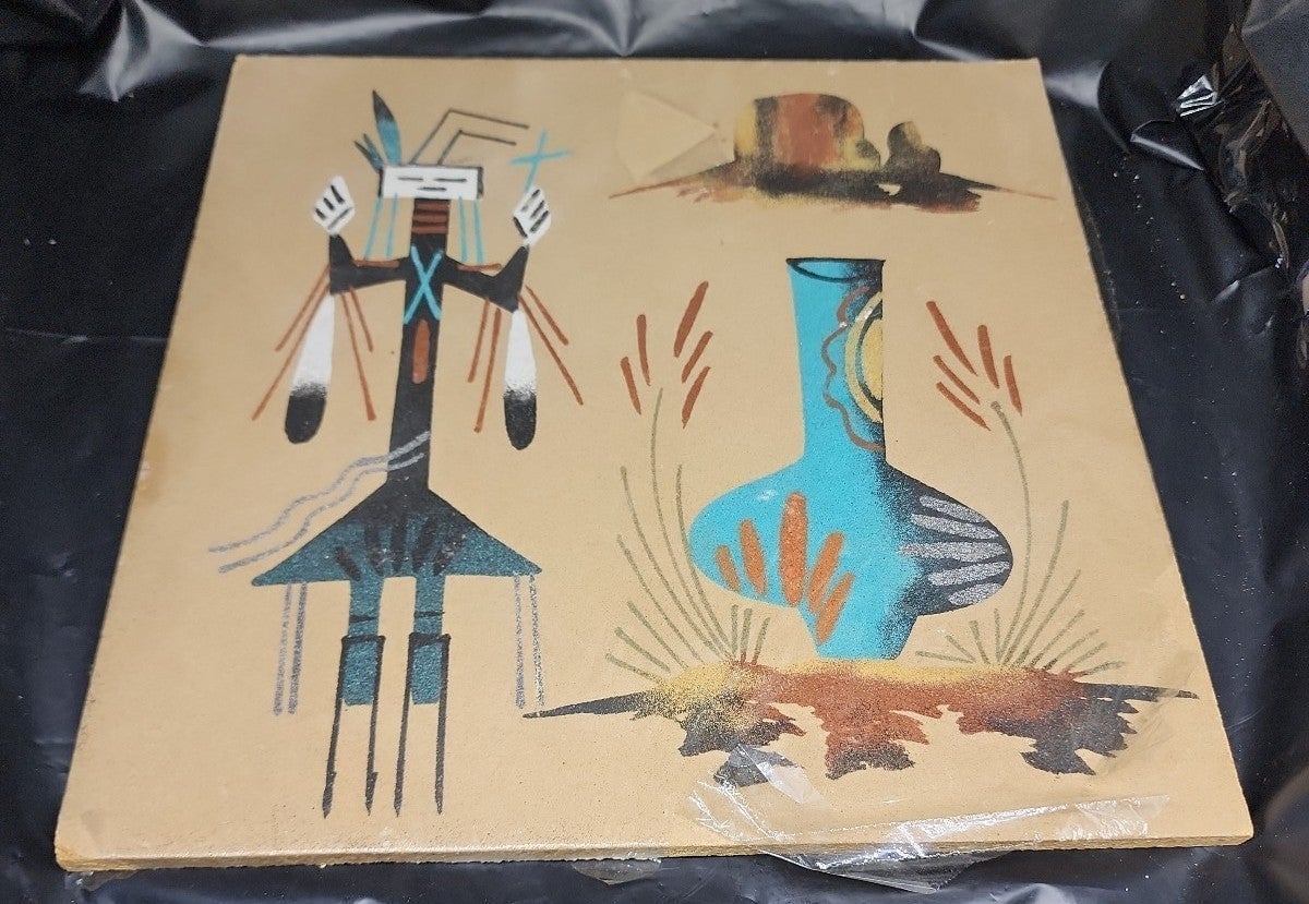 Vtg Native American Navajo Sand Art Painting Female Ye'i Turquoise South Western