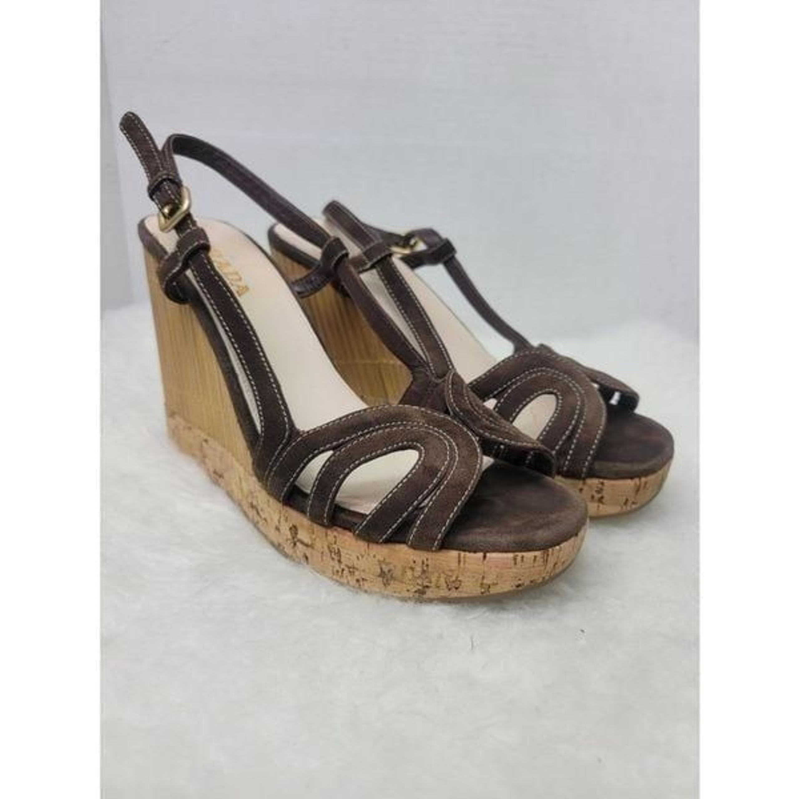 Prada Brown Suede Platform Slingback Cork Wedge Bamboo Sandals Shoes Size 7.5