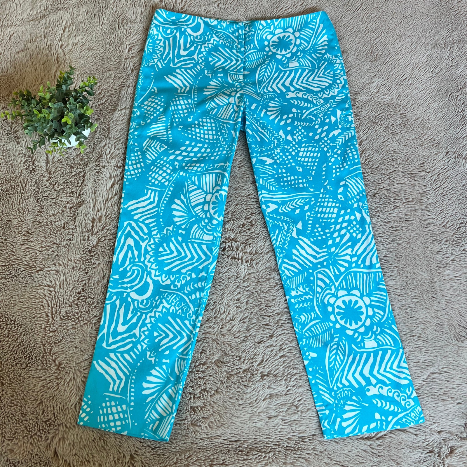 Elliott Lauren Blue & White Tropical Print Preppy Casual Summer Pants Size 6
