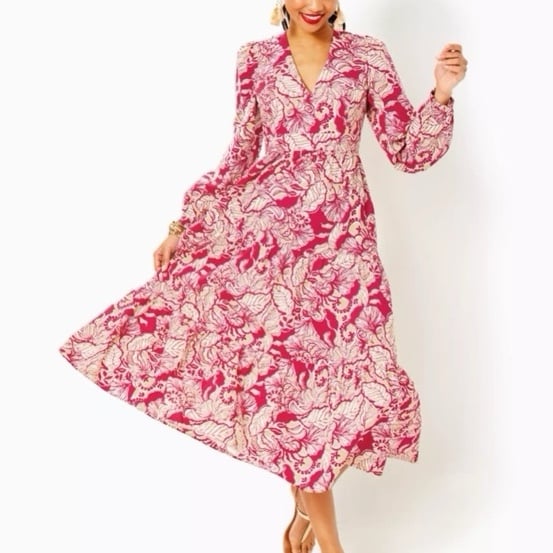 Lilly Pulitzer Tinslee long sleeve midi poinsettia red island vibes 10 dress