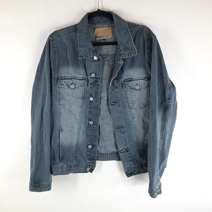 D'Eveste Mens Vintage Denim Jacket Retro Trucker Dark Wash Fading Blue L