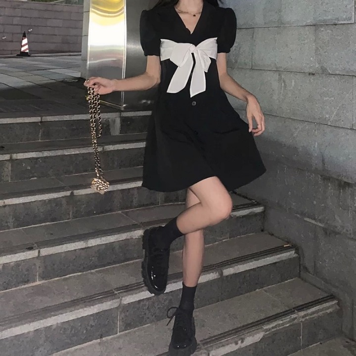 Large size French black suit dresses summer