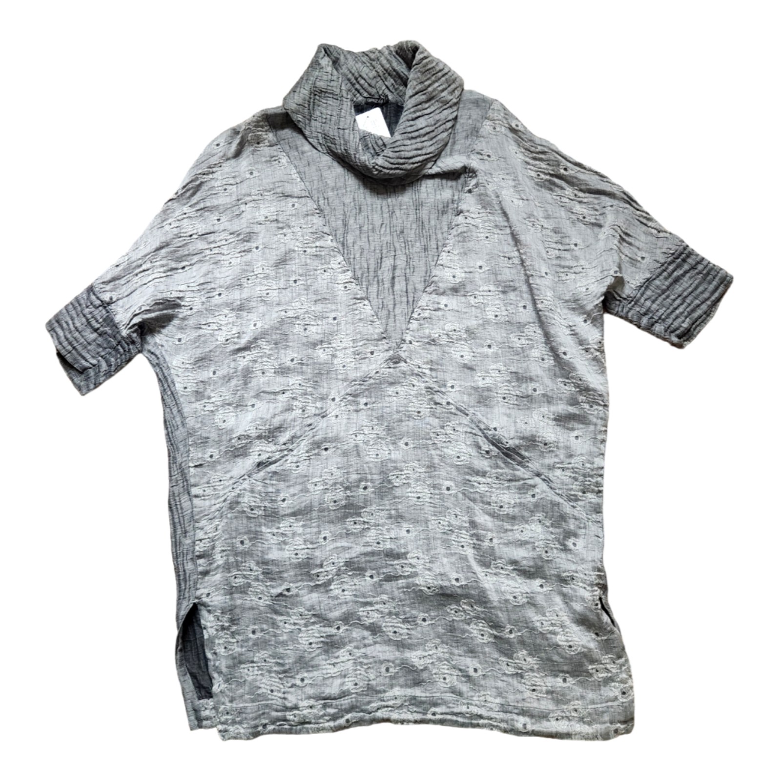 Grizas NWT Grey Silver Floral Cowl Neck Linen Silk LagenLook Pullover Blouse L