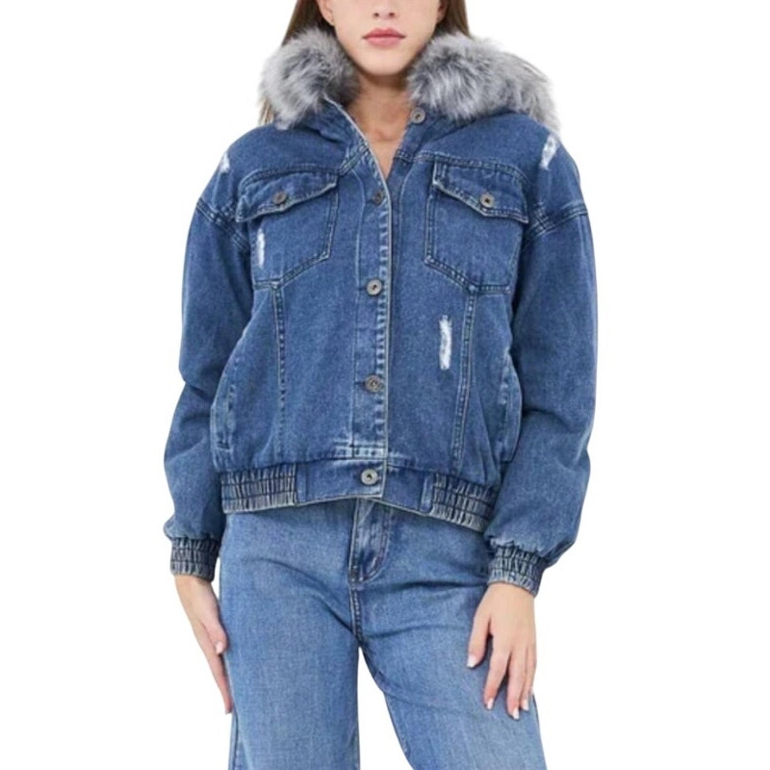 Zuiki Womens Denim Bomber Jacket, Fleece Lined Jean Jacket, Size Medium