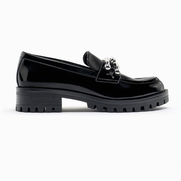 NWT. Zara Black Embellished Track-Sole Loafers. Size 9.