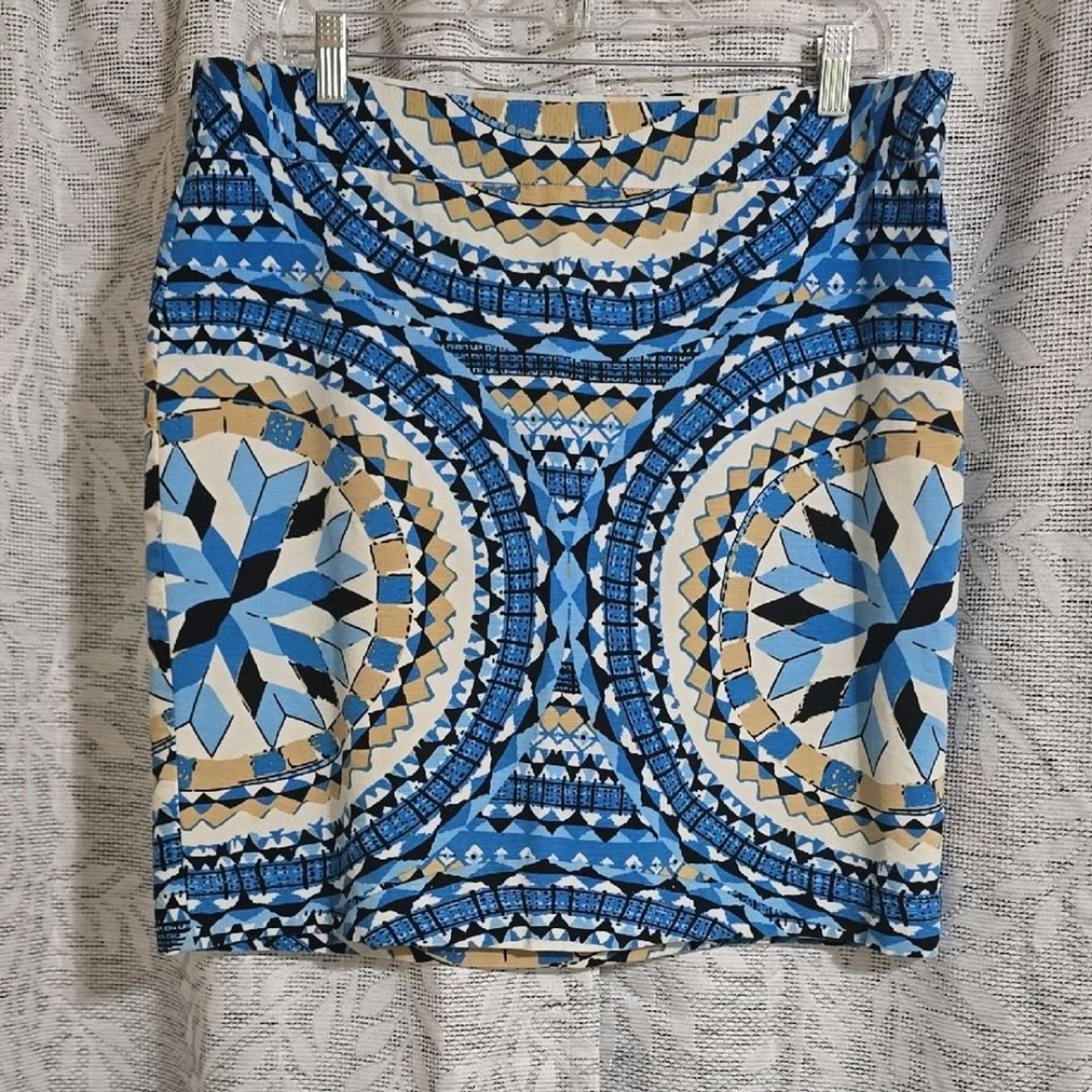 Geometric Blue and Beige Pencil Skirt