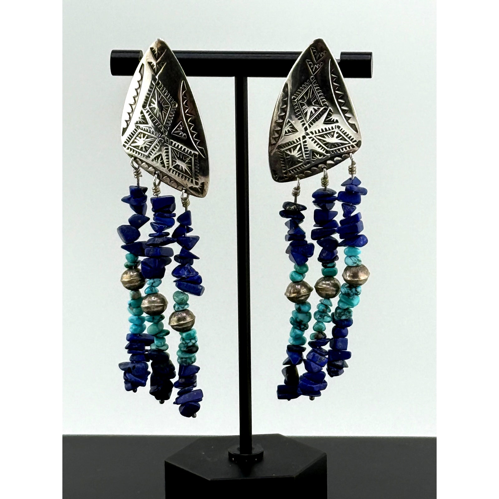 Navajo Keevin Hesuse SS Turquoise Lapis Dangle Earrings