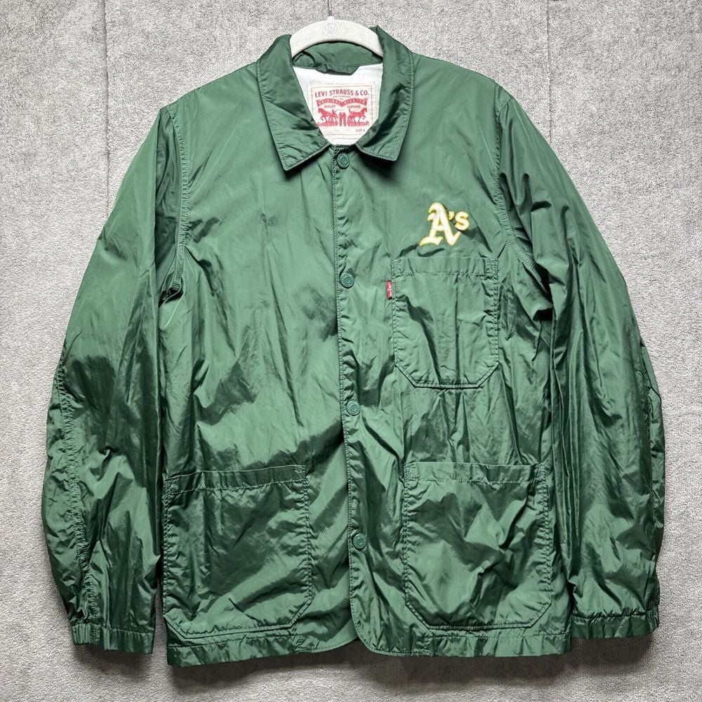 Oakland As Starter X Levis Mens Small Green Satin Full Snap Trucker Jacket MLB