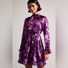 TED BAKER Sammieh Purple Floral Print high-neck fit and flare woven mini dress