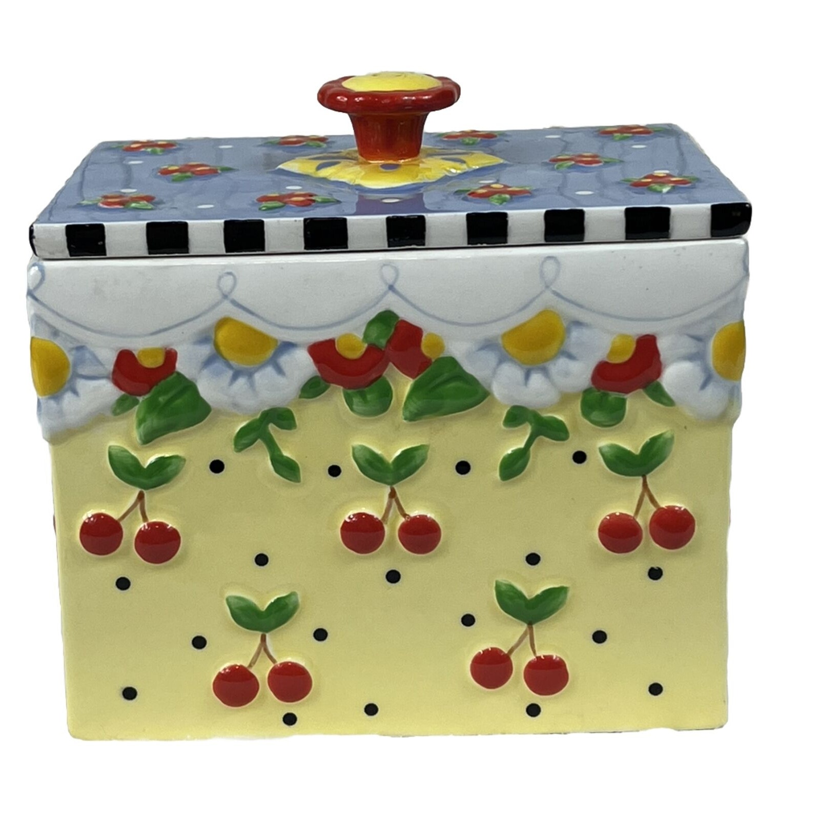 MARY ENGELBREIT Cherries Small Canister With Lid Yellow/Blue/Red/Green SIGNED