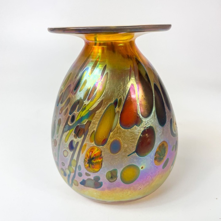 Rick Hunter Gold Rim Iridescent Marigold Oil Spot Art Glass Vase