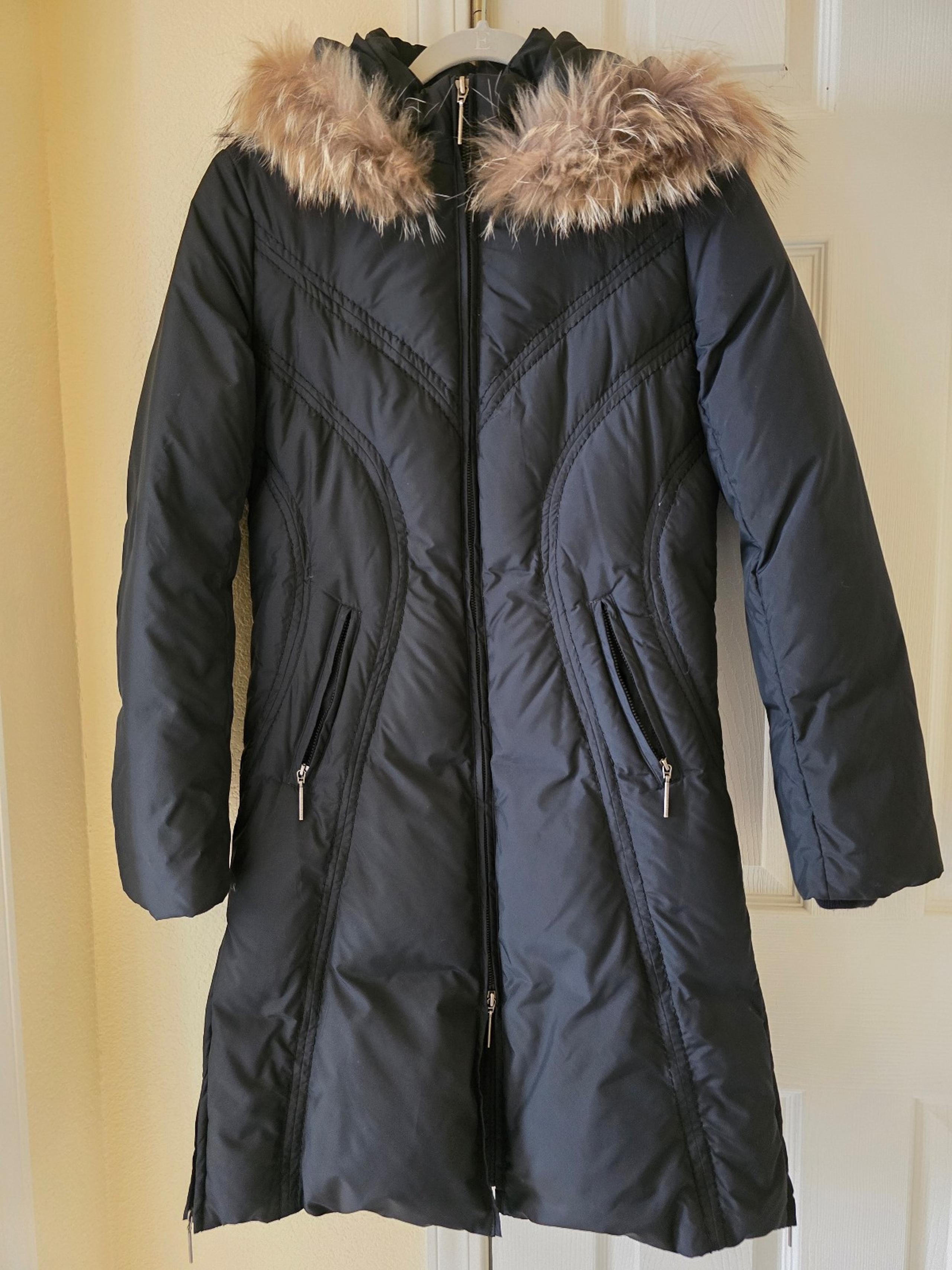 VIA SPIGA Long Black Down Puffer Raccoon Hooded Jacket Coat XS