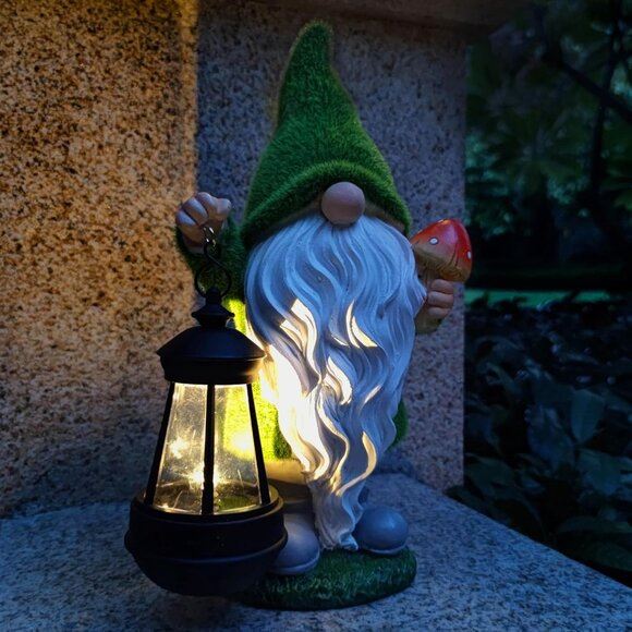 New Solar Gnome Garden Statue Resin Figurine with Lantern for Lawn & Yard Decor