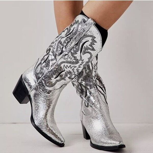 NEW Free People Jeffrey Campbell Dagget Western Boots ~ Silver Crackle ~ Sz 9