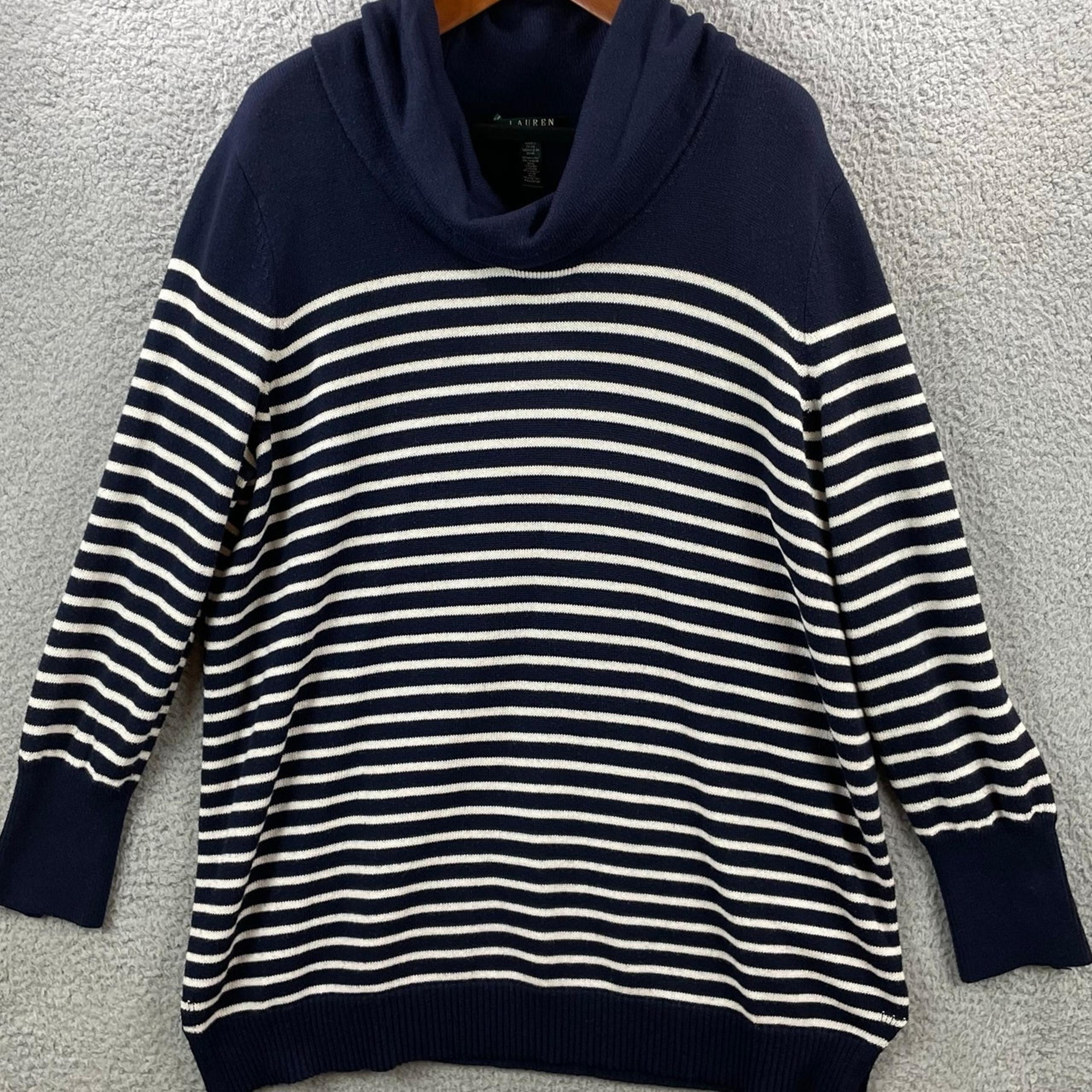 LRL Ralph Lauren Womens Sweater 3X Beachy Cowl Neck Wool Blend Nautical Stripe