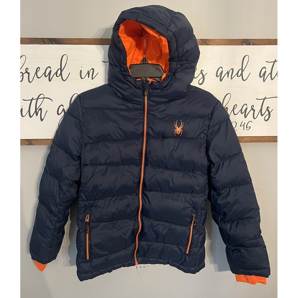 Boys Spyder Puffer Winter Jacket Dark Navy Blue/Orange Medium 10/12 Small Hole