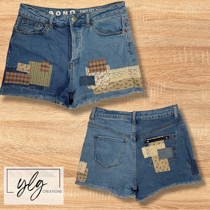 SONG Womens Denim Shorts Boho Cut Off Jean Button Fly Patchwork Plaid Lace